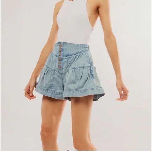 M Free People Jean Shorts We The Fleur Denim Light Blue - Picture 2 of 5